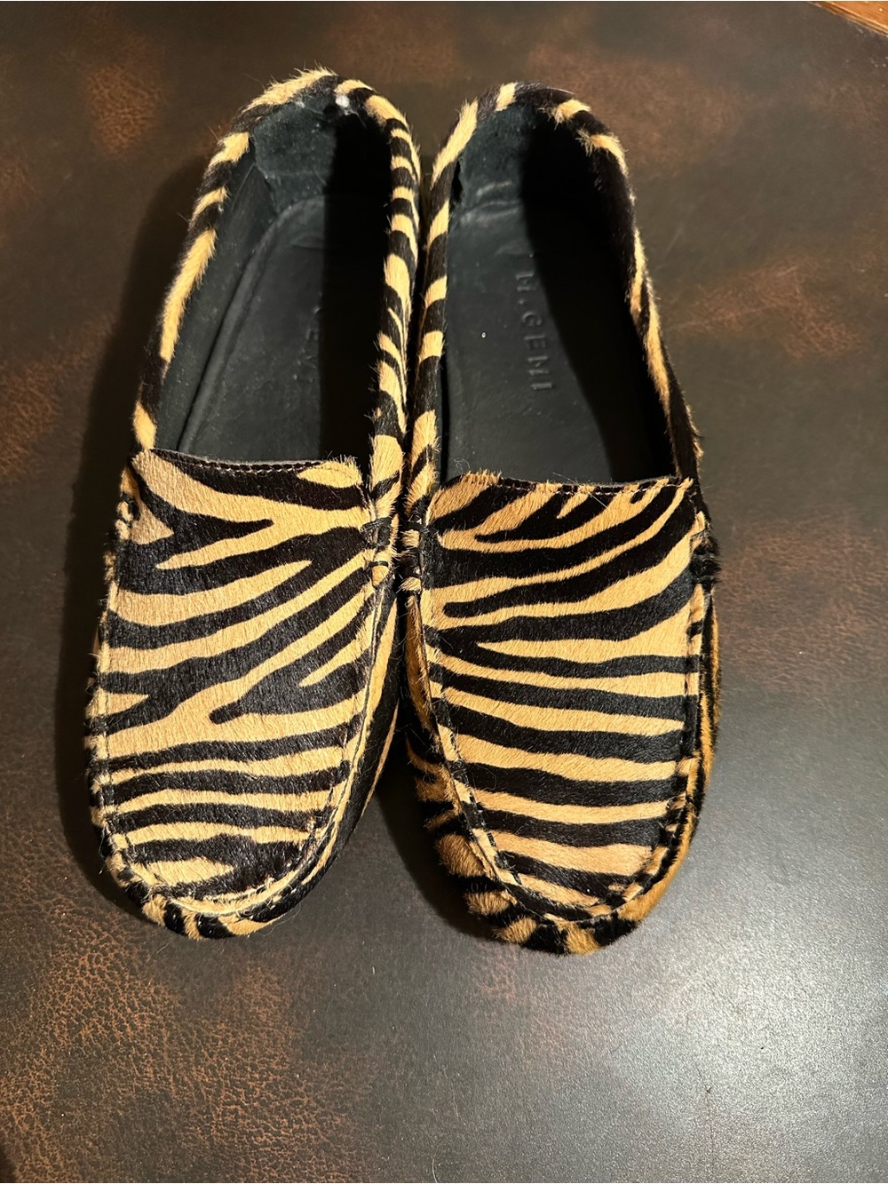 M. Gemi Zebra-Print Pony Hair Moccasins in Tan and Black